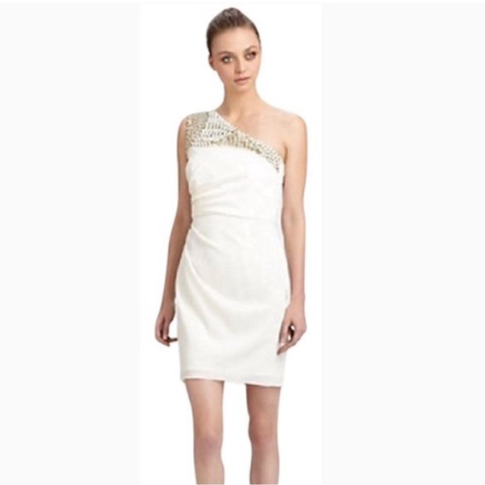 Shoshanna Lydia Ivory Beaded One Shoulder Formal Cocktail Dress Elegant Sz 2